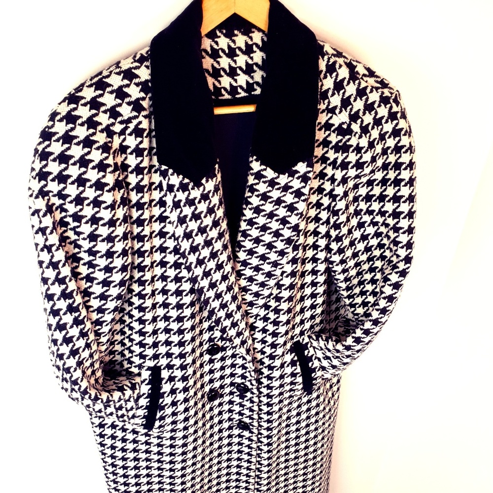 Houndstooth Velvet Collar Long Coat Jacket SIZE 12